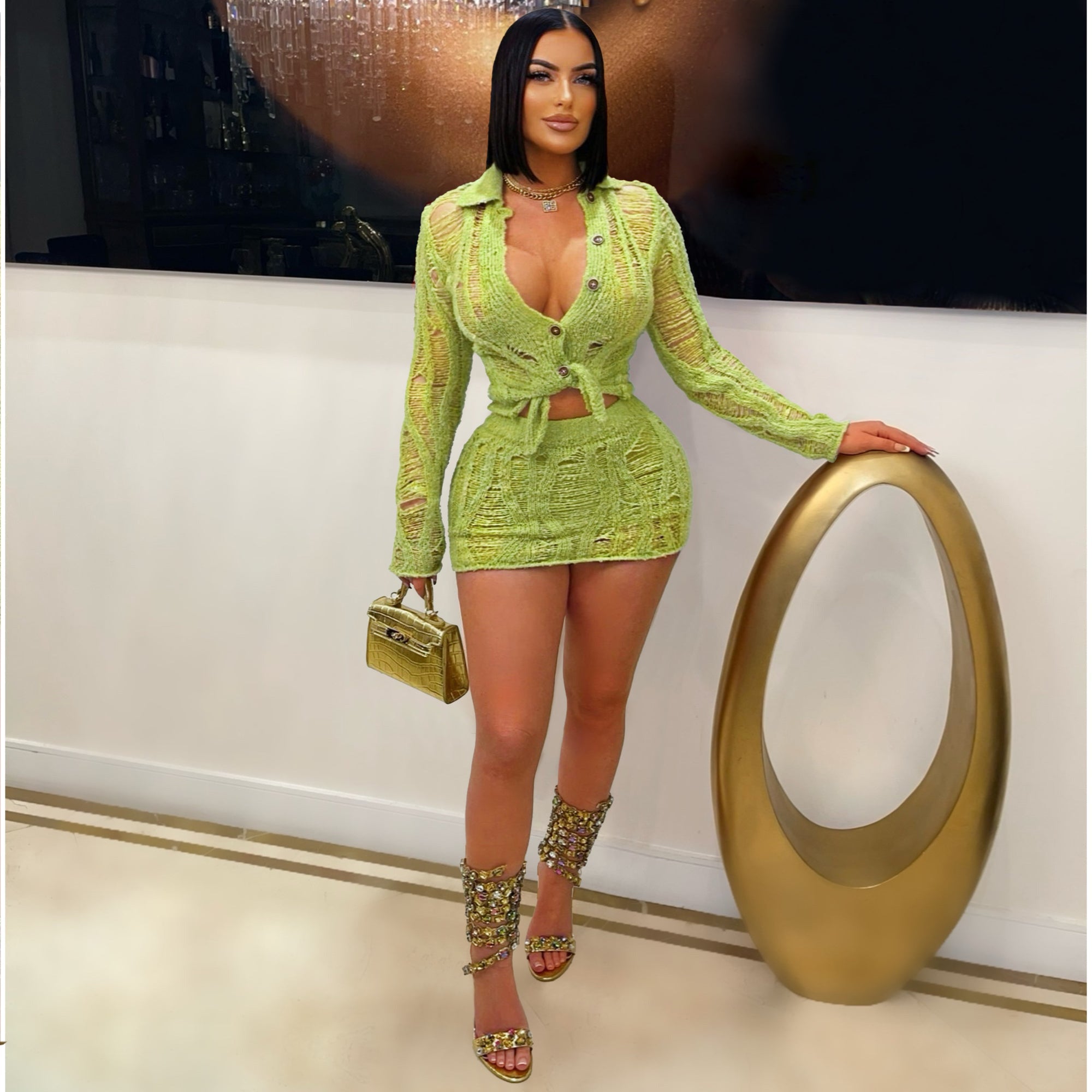 Women long-sleeved hollow lapel Top and Shorts two-piece set 3