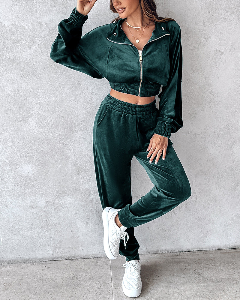 Women Turndown Collar Zipper Velvet Hoodies And Casual Sweatpants Two-Piece Set 10