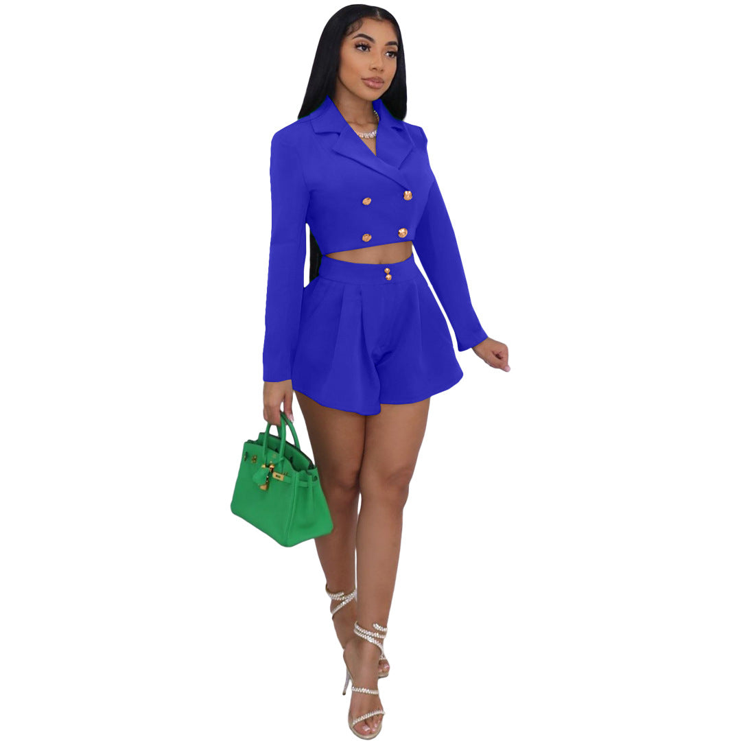 Women's Fashion Slim Solid Color Blazer Two Piece Set 7