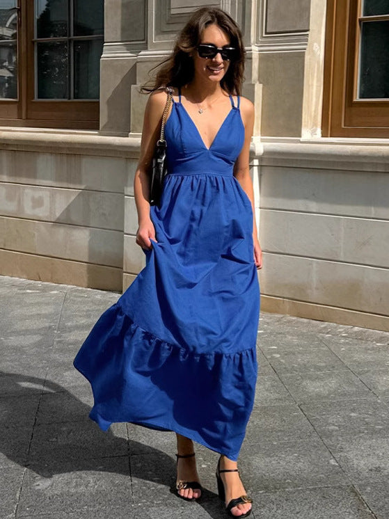 Spring Summer Holidays Style Blue V Neck Strap Low Back Long Dress 5