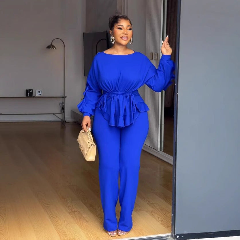 Women elegant lace drawstring long sleeve Top and Pants Two-piece Set 4