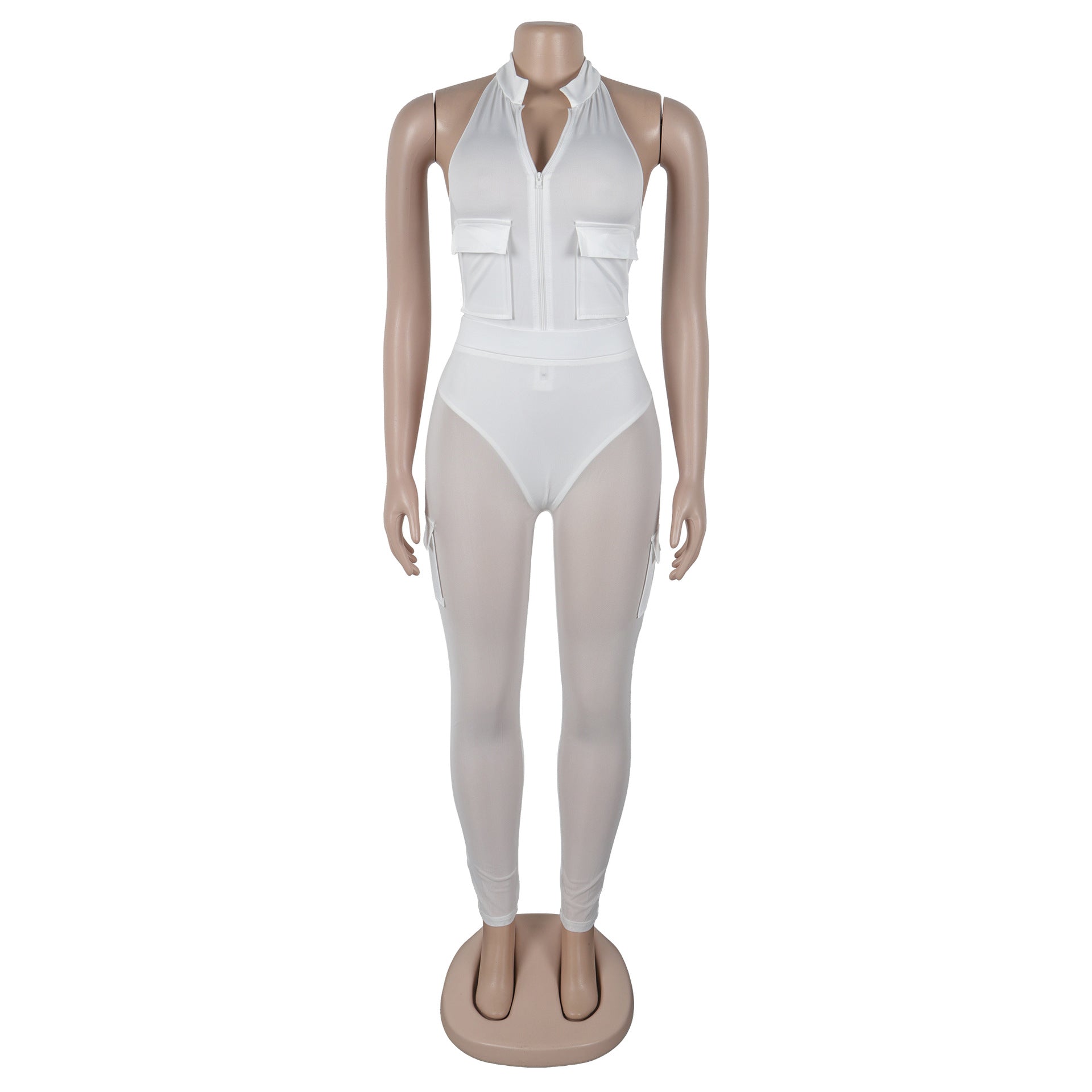 Summer Deep V-Neck Sleeveless Tight-Fitting Bodysuit Pocket Mesh Pants Set 17