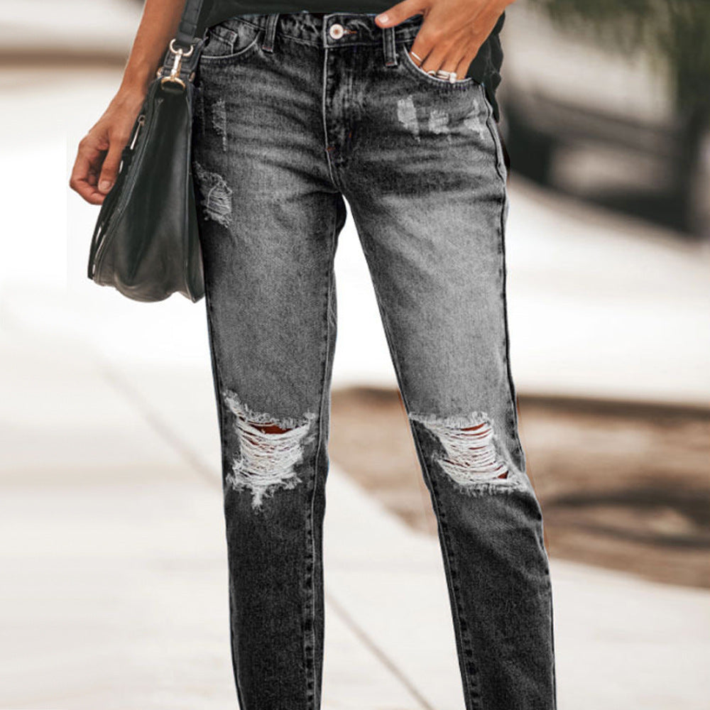 Women Ripped non-elastic Denim Pants 10