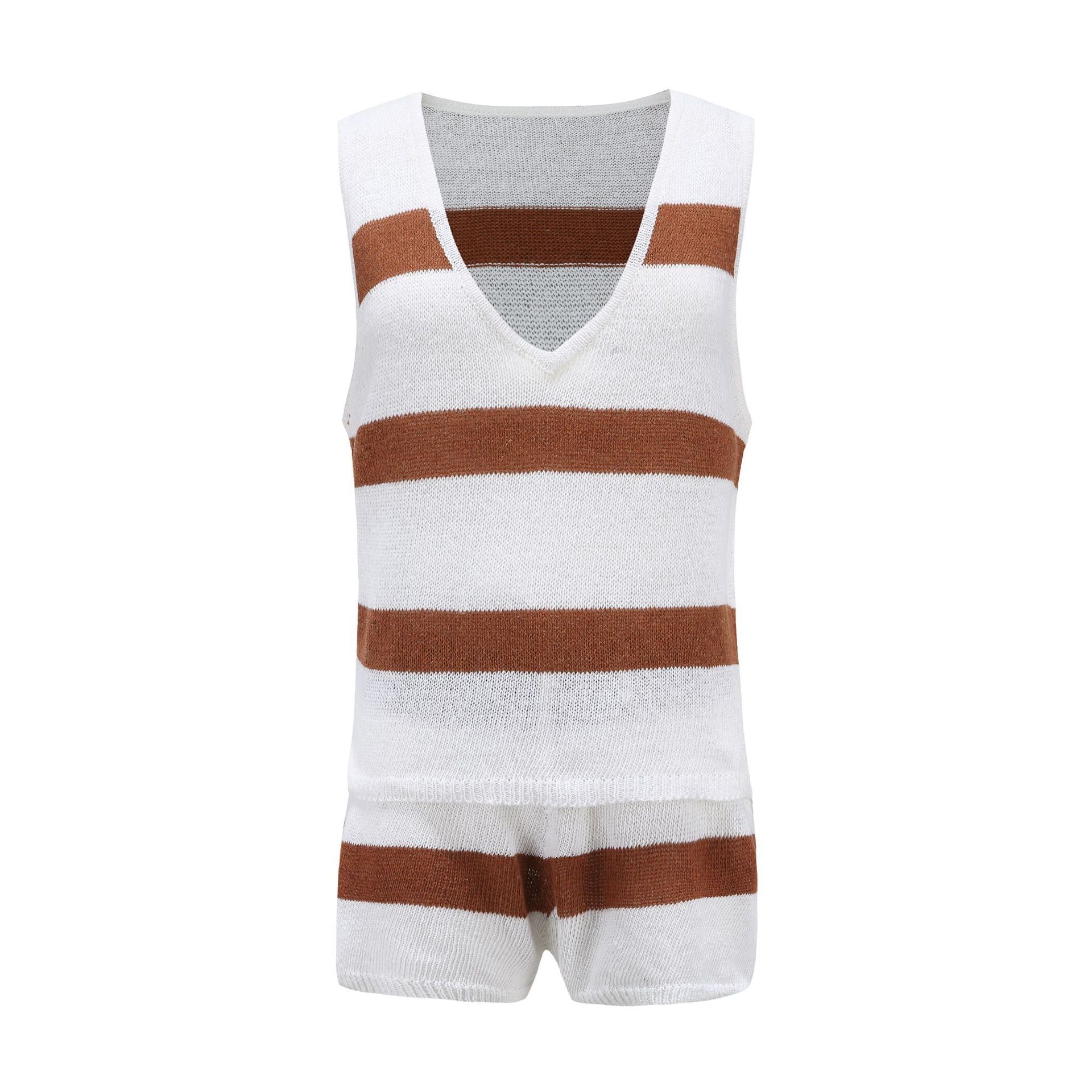 Summer fashion casual deep V-neck knitting vest and shorts two-piece set 34