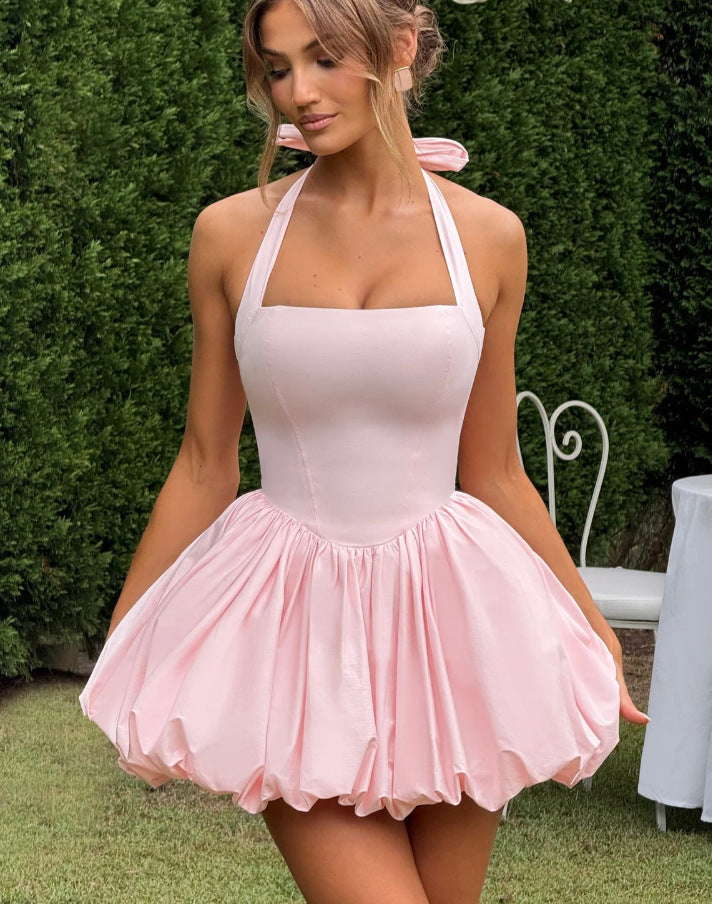 Women Summer Halter Neck Tie-Drawn Bow Puffy Dress 20