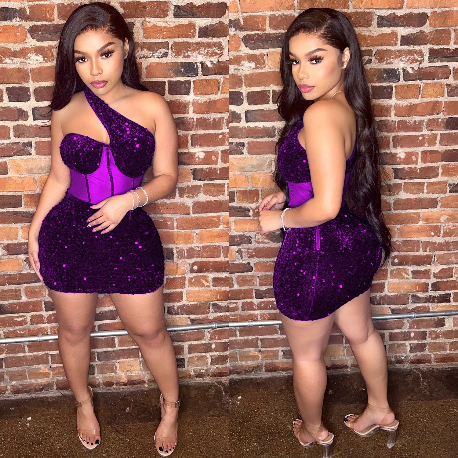 Summer Women's Fashion Sexy Mesh Sequin Slash Shoulder Club Dress 5