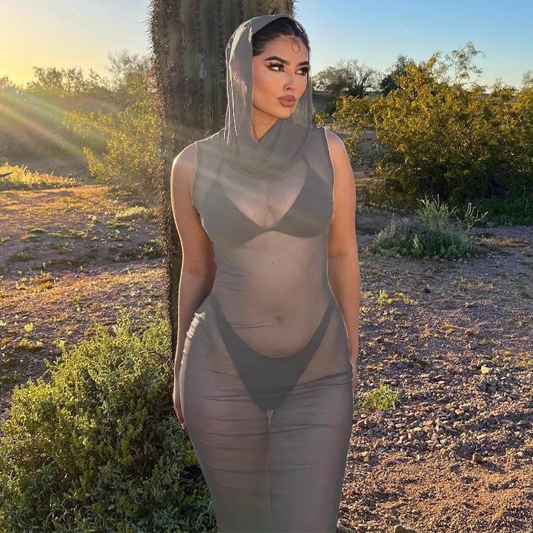 Women Casual beach fun See-Through Mesh hooded sexy Maxi Dress 3