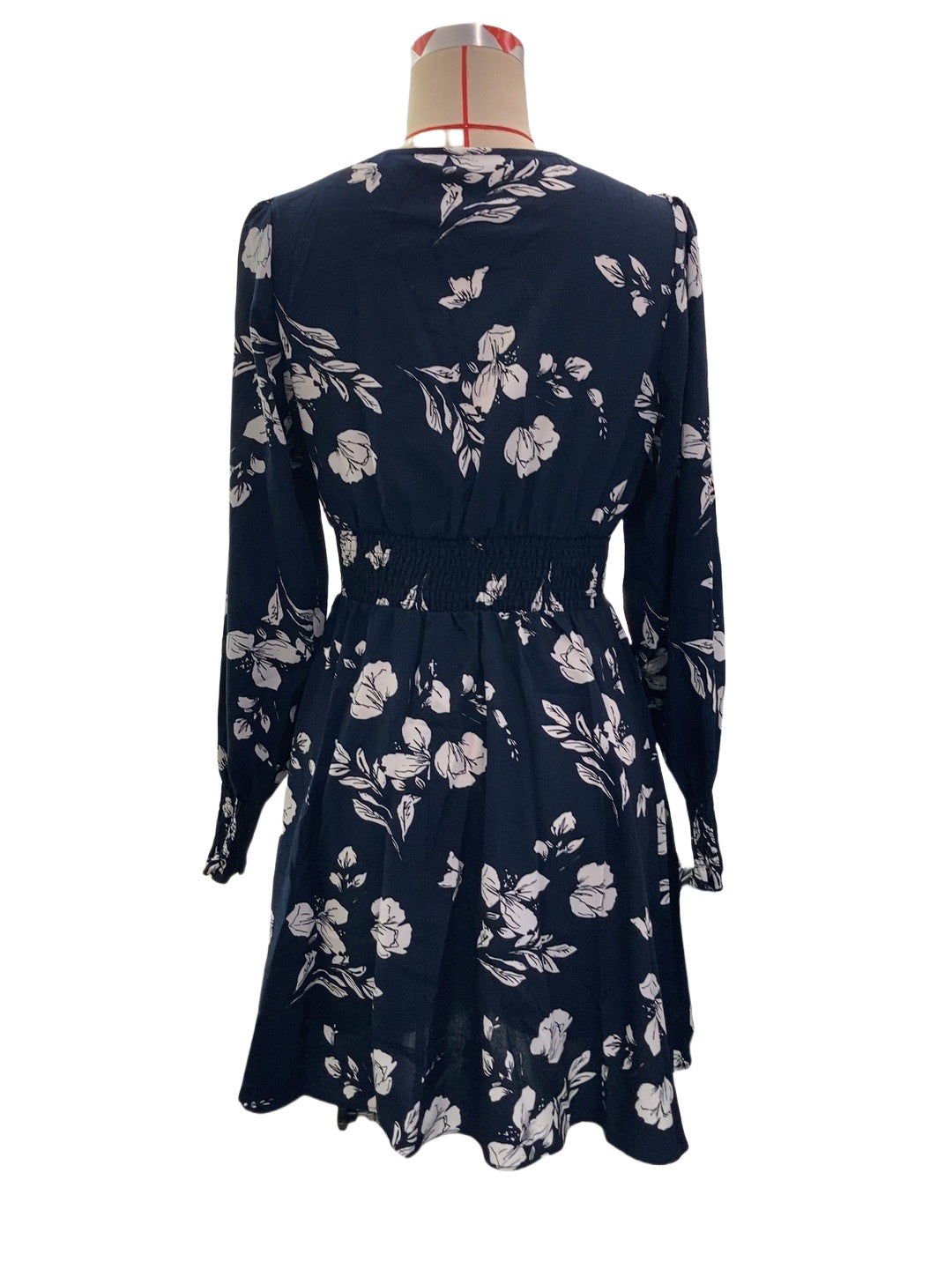 Autumn Winter Elegant Women's Floral Print V-Neck Lantern Sleeve Dress 8