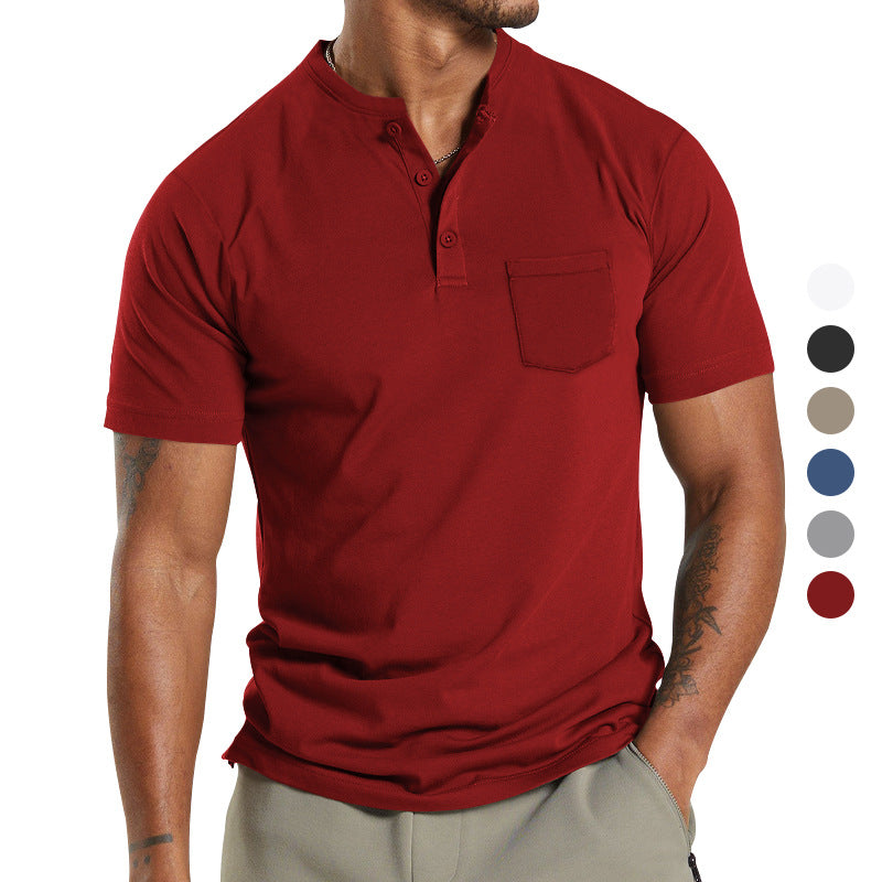 Men's Solid Button Stand Collar Short Sleeve T-shirt 8