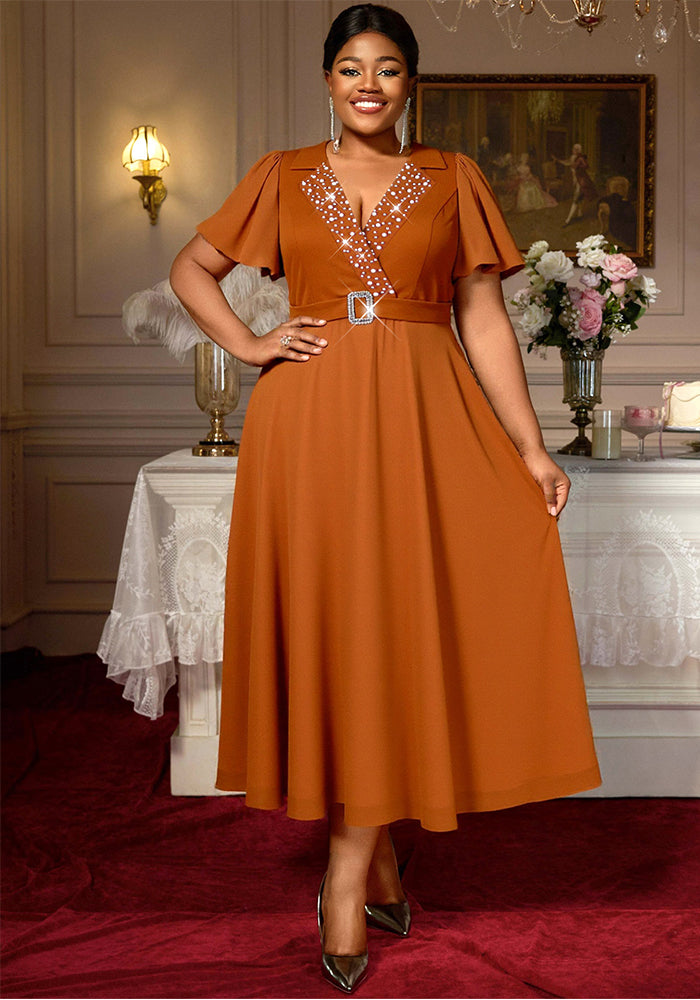 Plus-Size Women Turndown Collar Beaded V-Neck Puff Sleeve Belted Dress