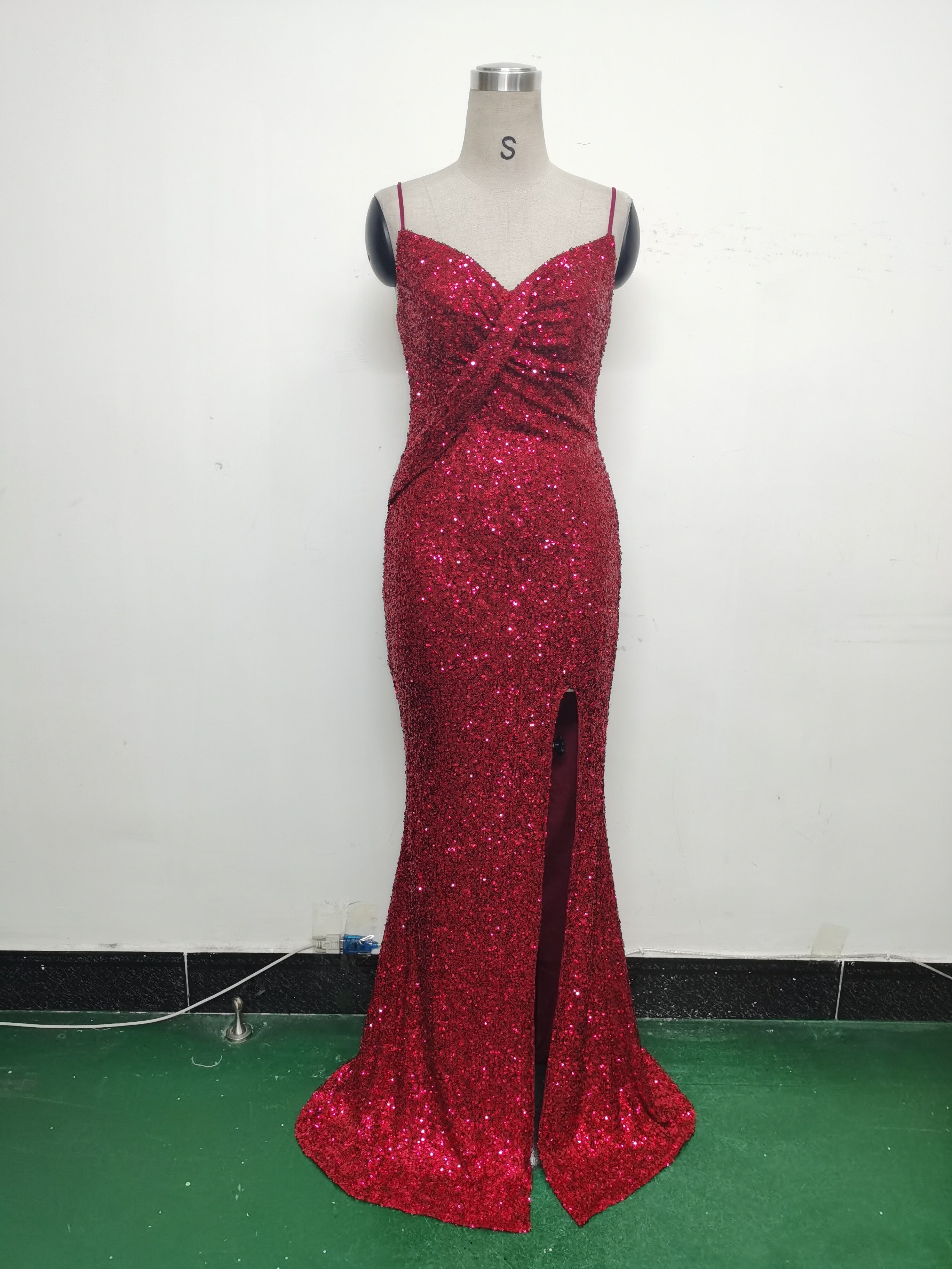 Women sequined sexy split sling evening dress 36