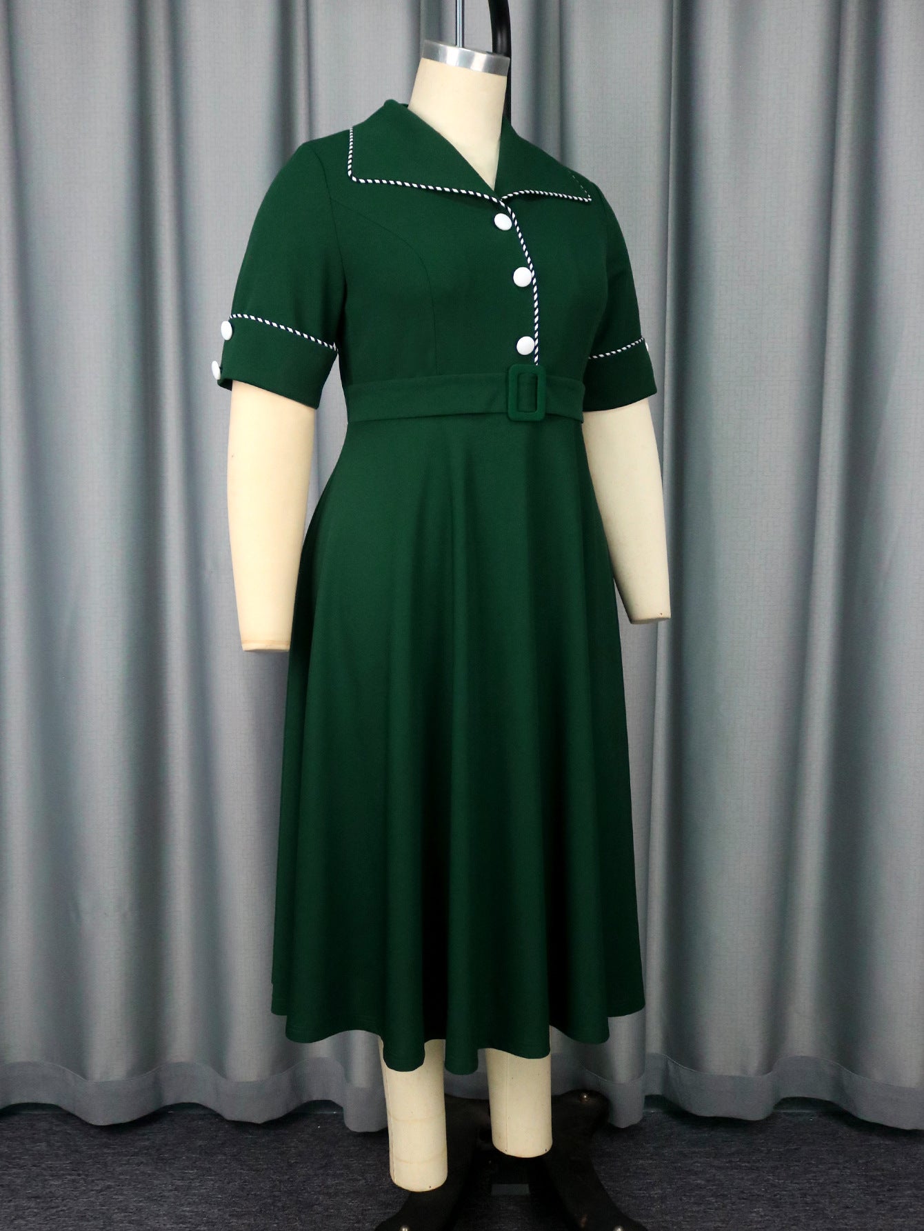 Plus Size Women's Turndown Collar Short Sleeve Dress Button Slim Waist Elegant Party Dress 6