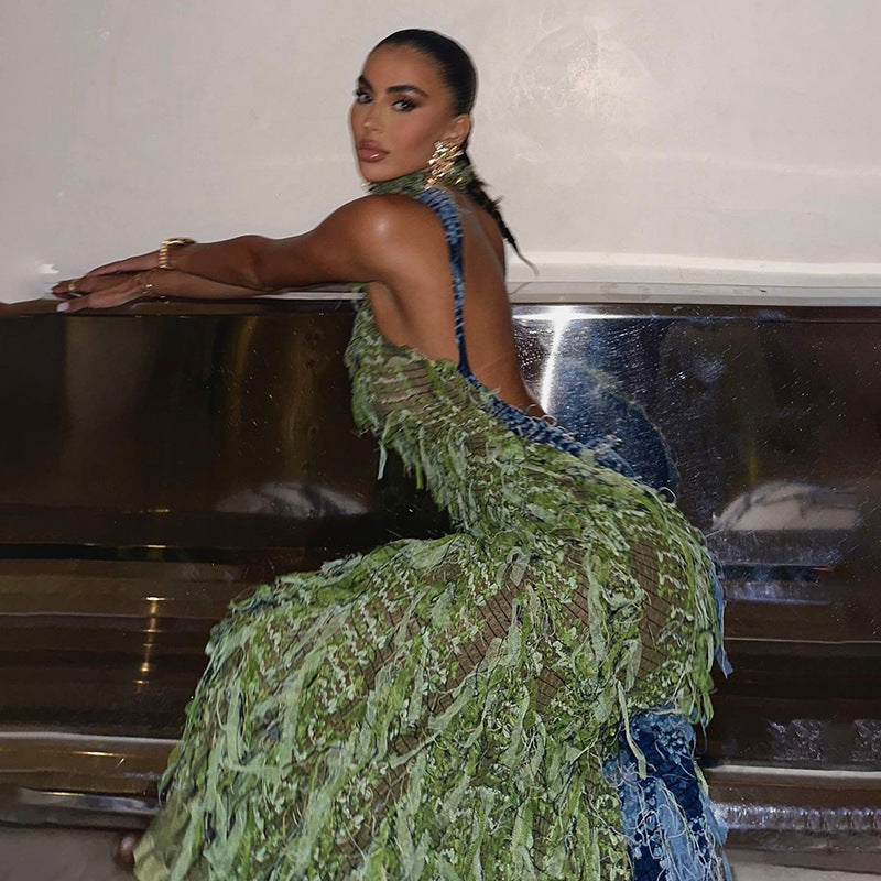 Autumn Women's Sexy High Neck Sleeveless Tassel See-Through High Waist Slim Long Dress 5