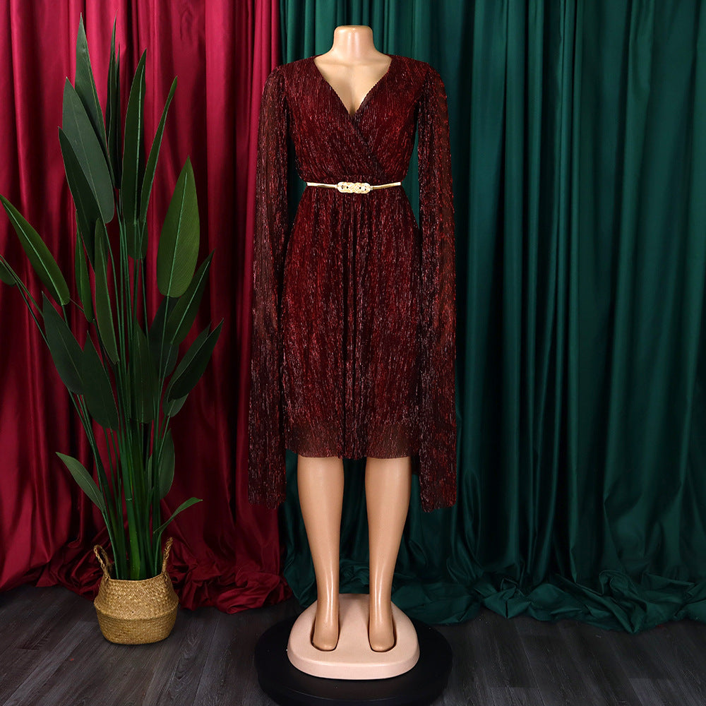 Belted V-Neck Chic Long Sleeve Cape Slim Waist Gown Dress 12