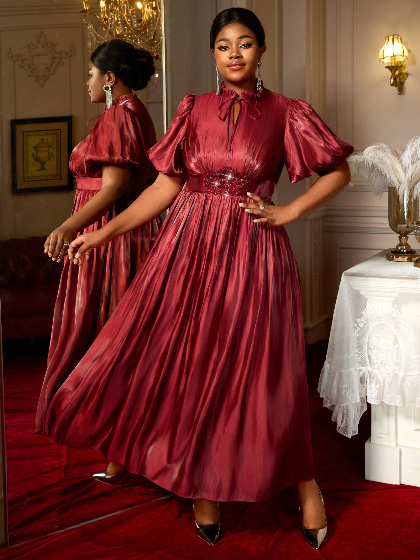 Plus-Size Women Lantern Puff Sleeve Ruffle Belted Sequined Formal Party Dress 7