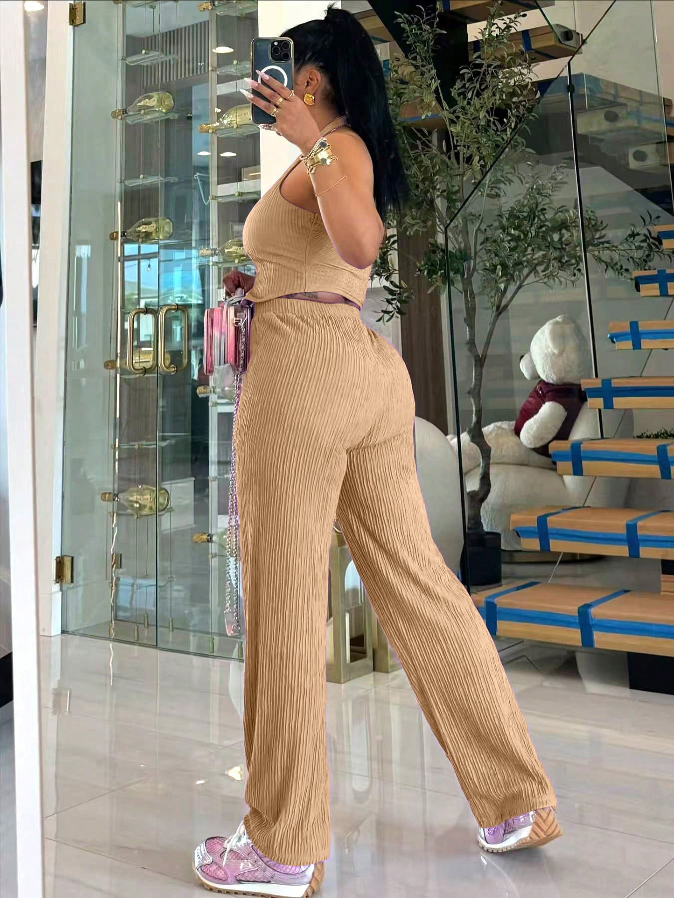 Women Halter Neck Crop Top and Wide Leg Pants Two-piece Set 12