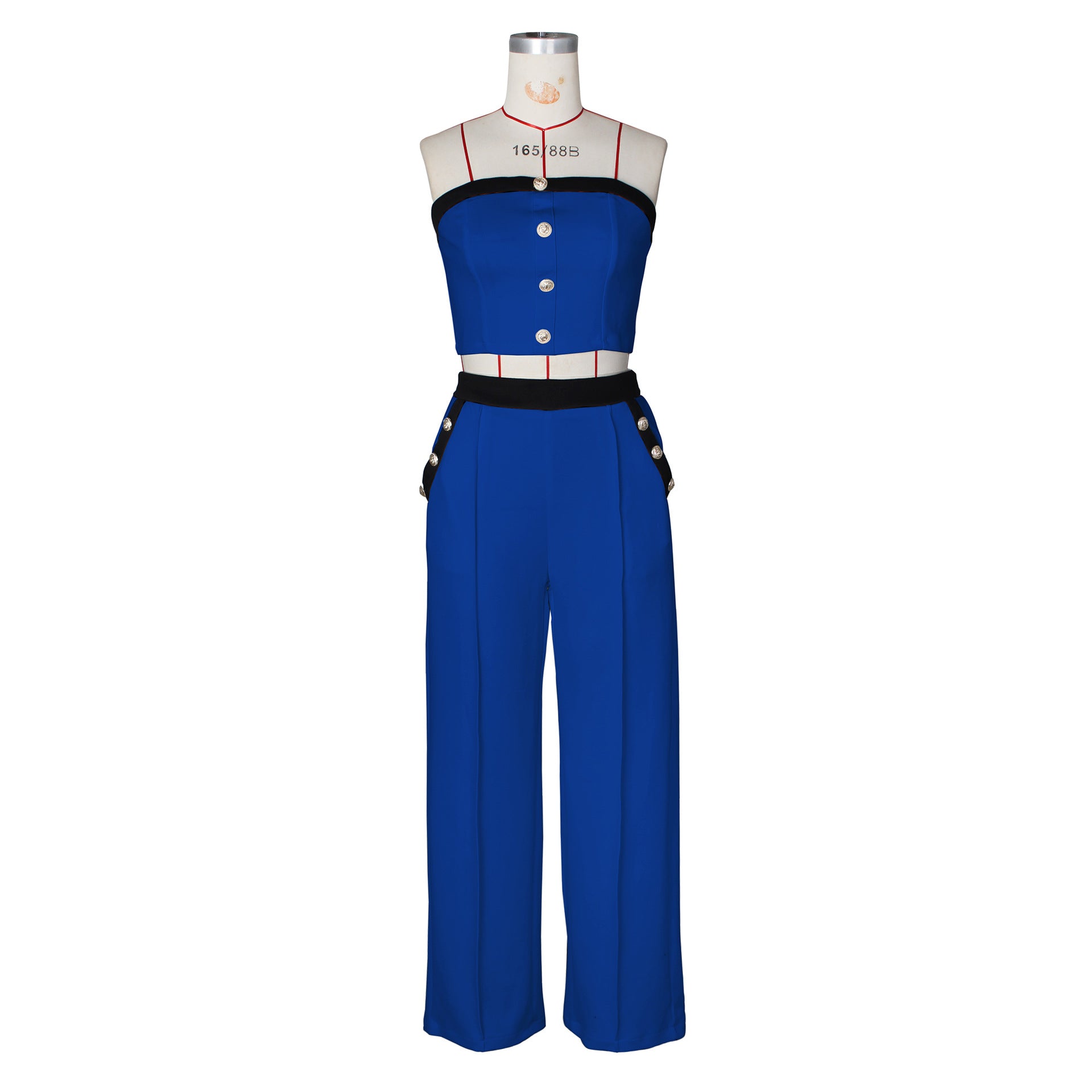 Sexy Color Blocked Decorative Button Straight High Waist Wide Leg Women's Pants Set 27