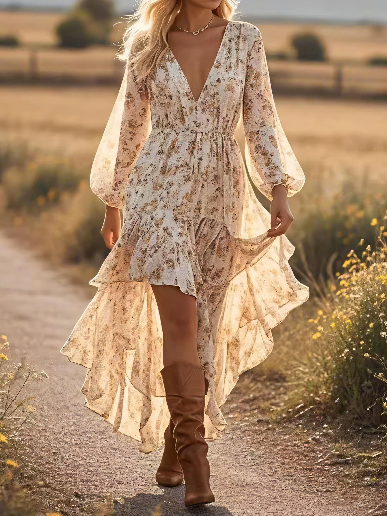 Spring V-Neck Bohemian Floral Long-Sleeve Mini Dress