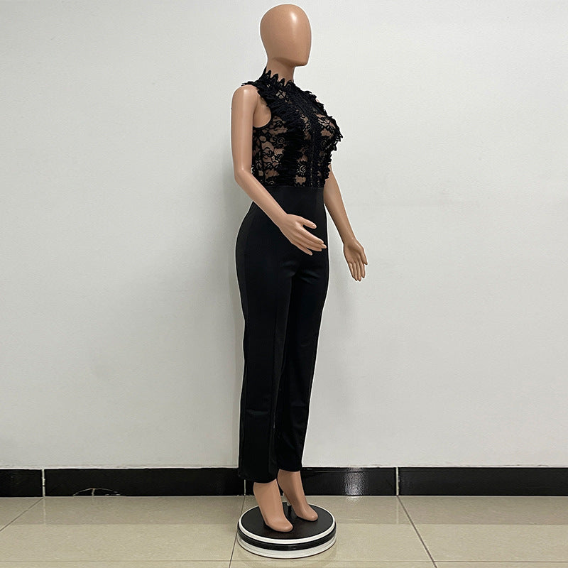 Women's High Neck Fashion Sleeveless Lace Patchwork Straight Leg Women's Jumpsuit 12