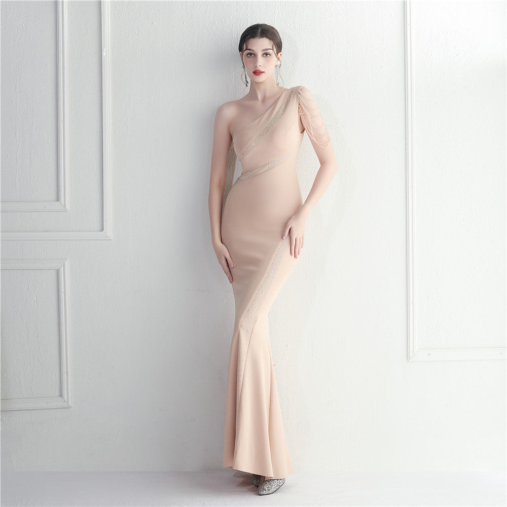 Trendy Beaded One Shoulder Slash Shoulder Sexy Long Evening Gown 3