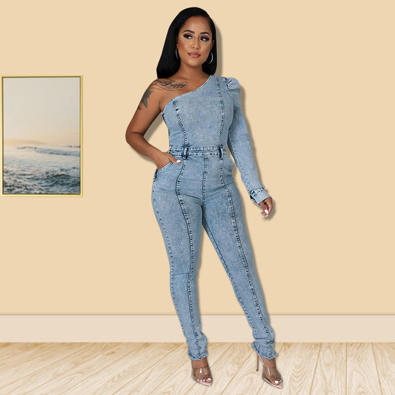 Women Clothes Fall Single Long Sleeve Slash Shoulder Denim Jumpsuit