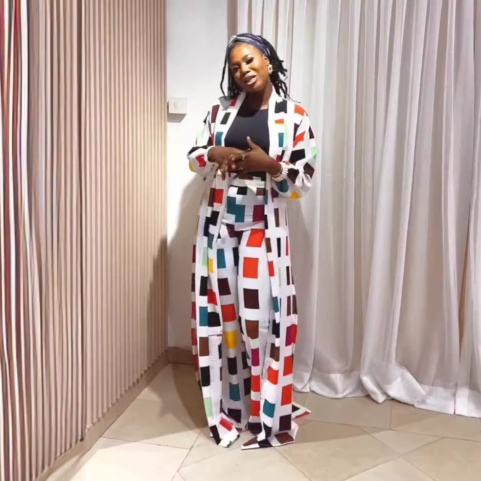 Women Casual Printed Slit Robe and Pant Two-piece Set 3