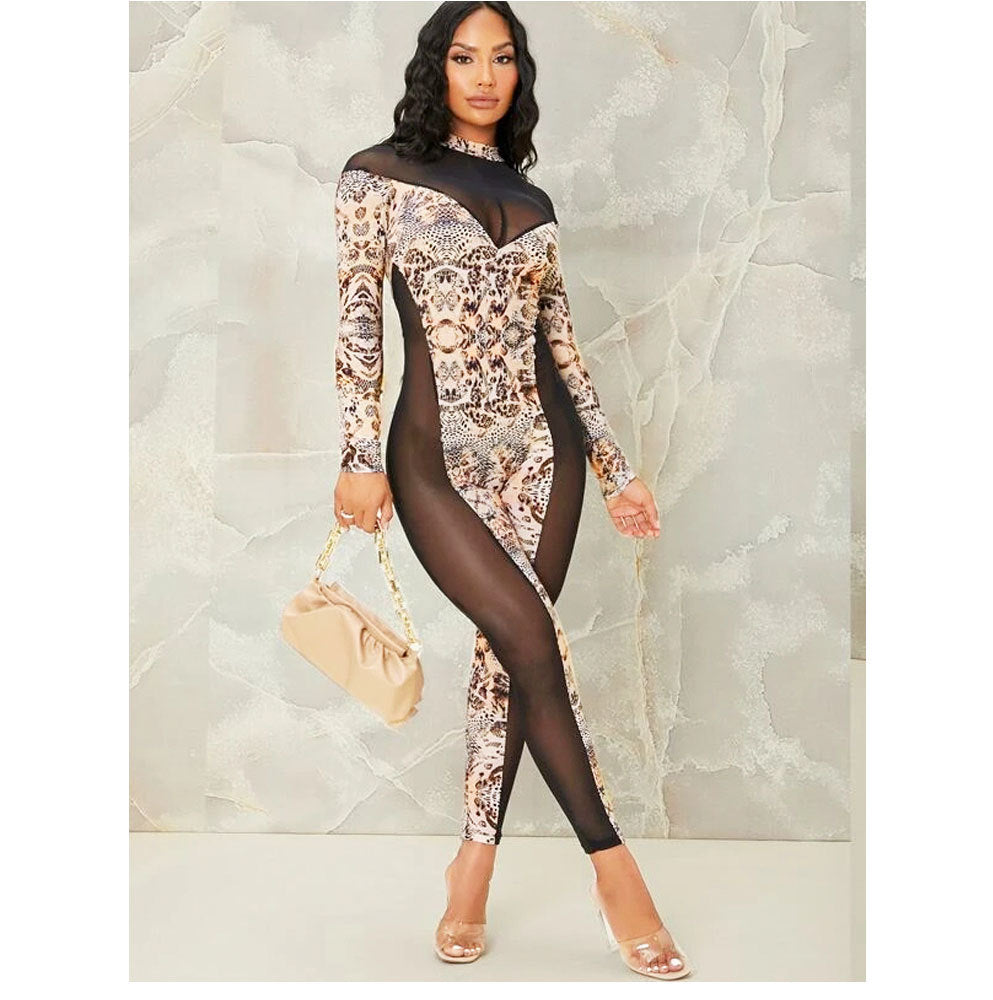 Women's Long-Sleeved Print See-Through Mesh Patchwork Slim Ladies Jumpsuit