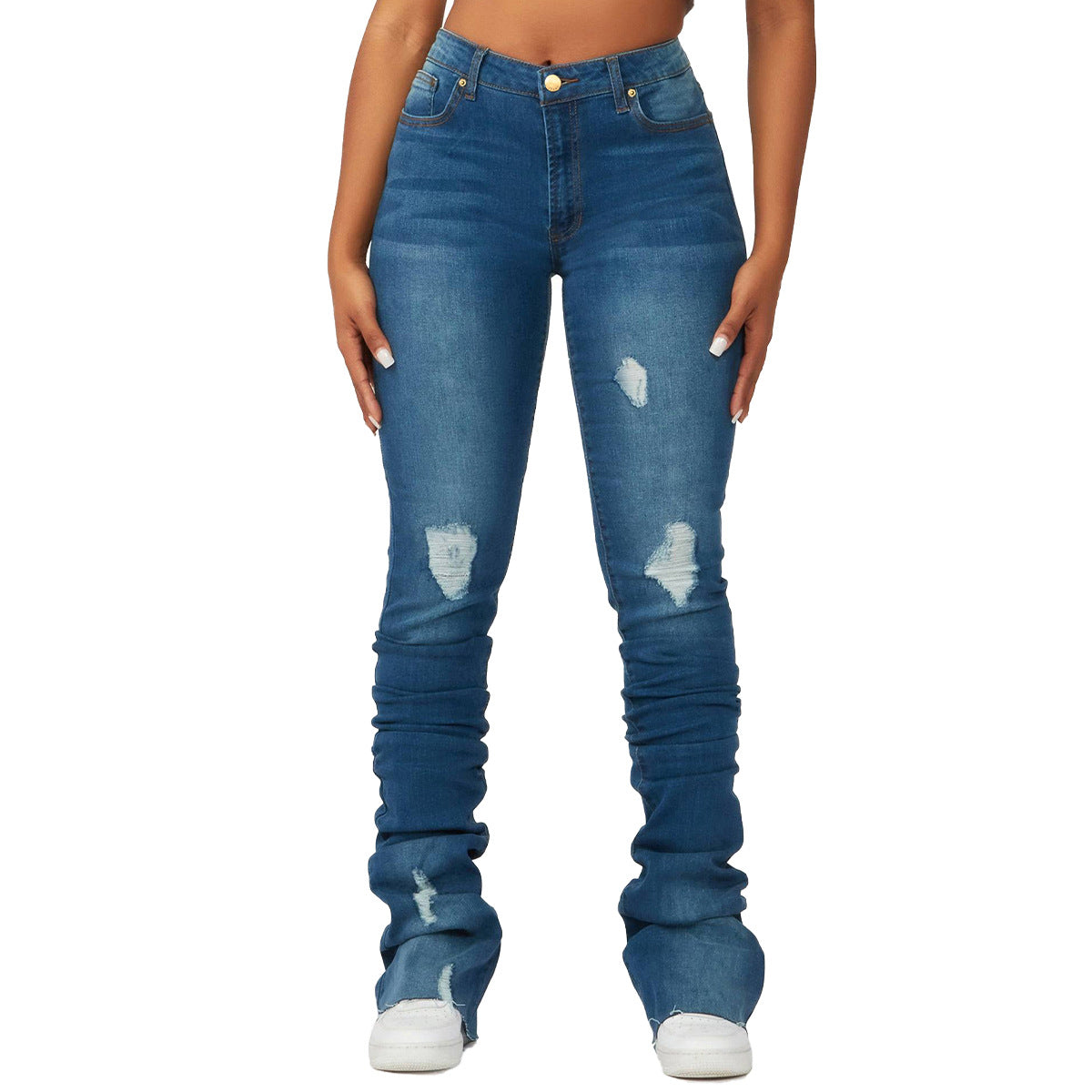 High-Waisted Women's Denim Bell Bottom Pants Trendy Slim Fit Ripped Women's Jeans 7