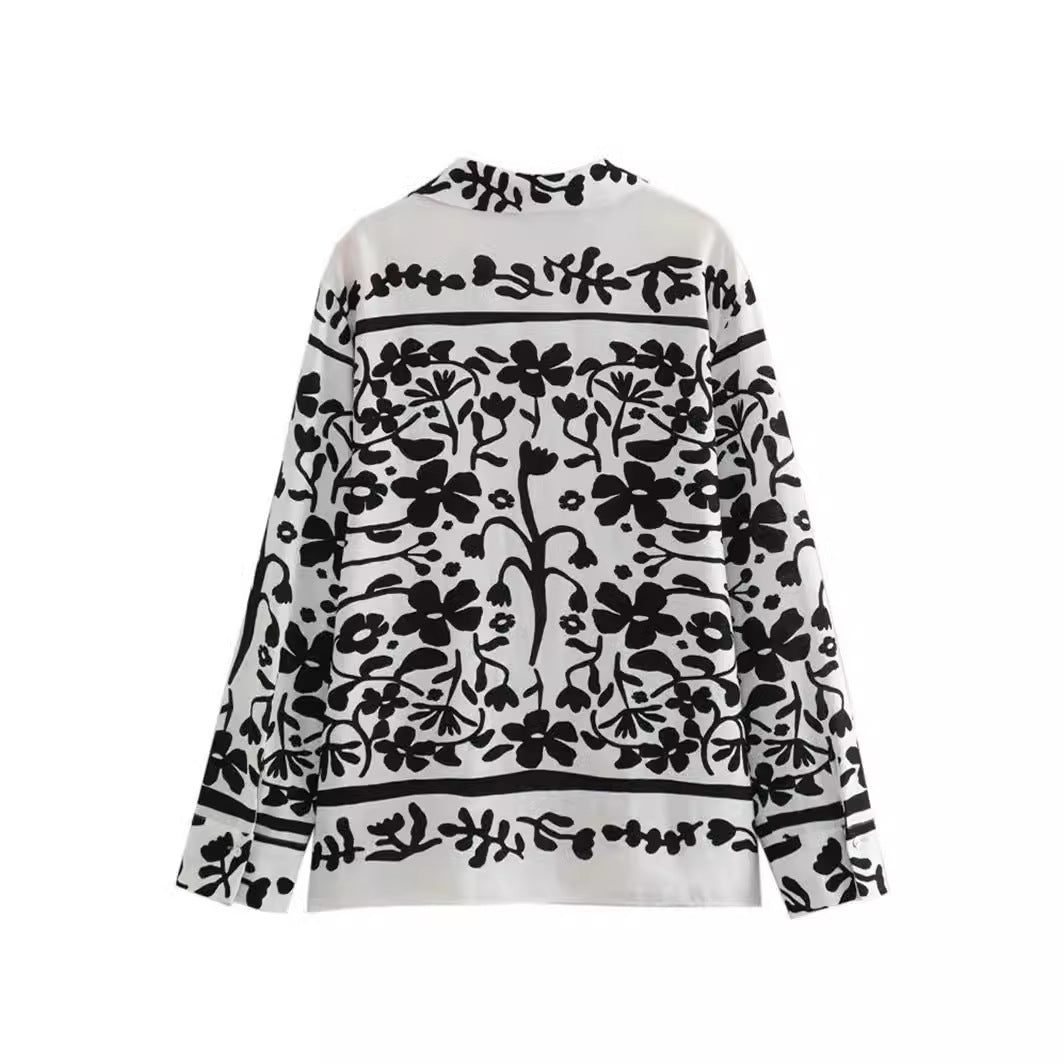 Women Turndown Collar long-sleeved single-breasted printed shirt wide-leg pants Two Piece Set 5