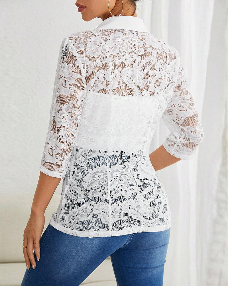 Women's Lace Patchwork Turndown Collar Half-Sleeve blazer 4