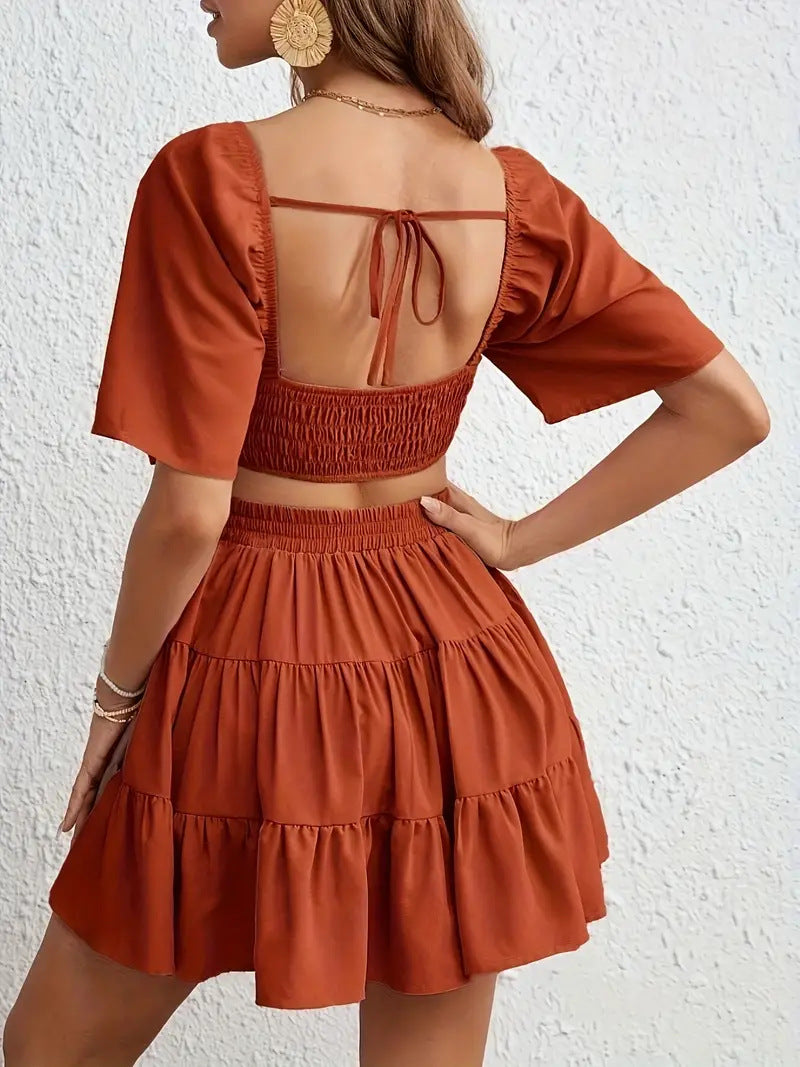 Summer Square-Neck Women's Solid Hollow-Out Open Waist Sexy Dress 3