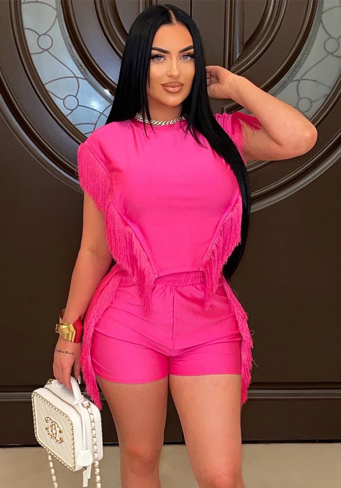 Fashionable Casual Solid Color Tassel Feminine Round Neck Top And Shorts Two-Piece Set