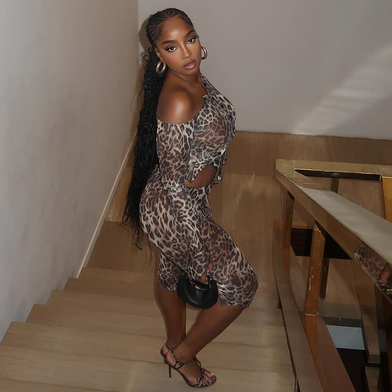 Women Leopard Print Asymmetrical Off-shoulder Long Sleeve Top and ShortsTwo Piece Set