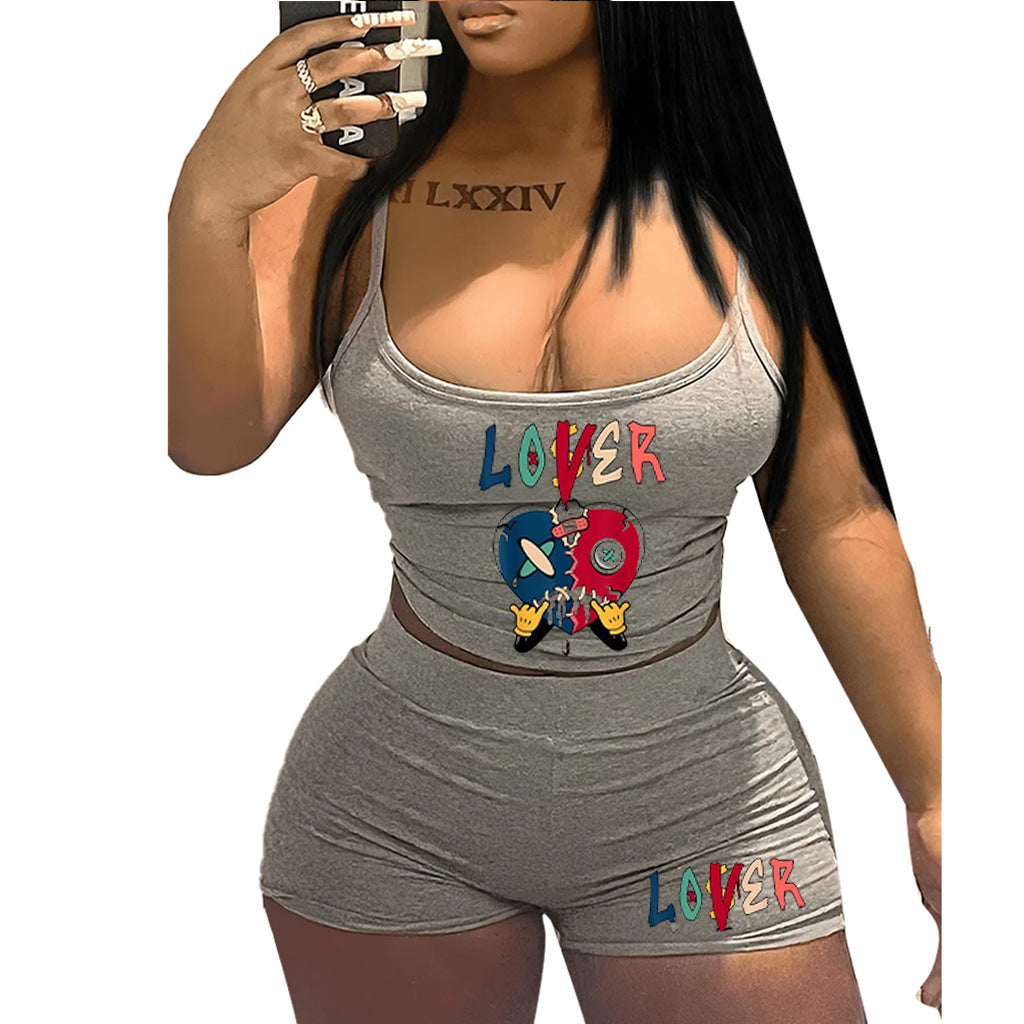 Summer street fashion women's Strap Vest shorts two piece set 3