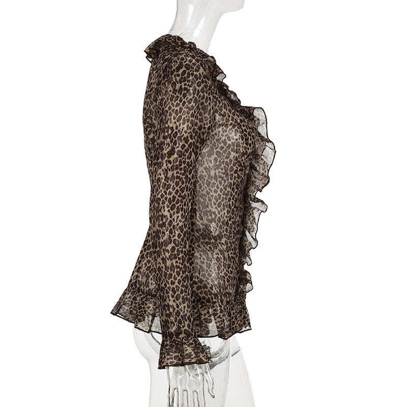 Women Sexy Ruffle Edge V Neck Animal Print Bell Bottom Sleeve Top 7