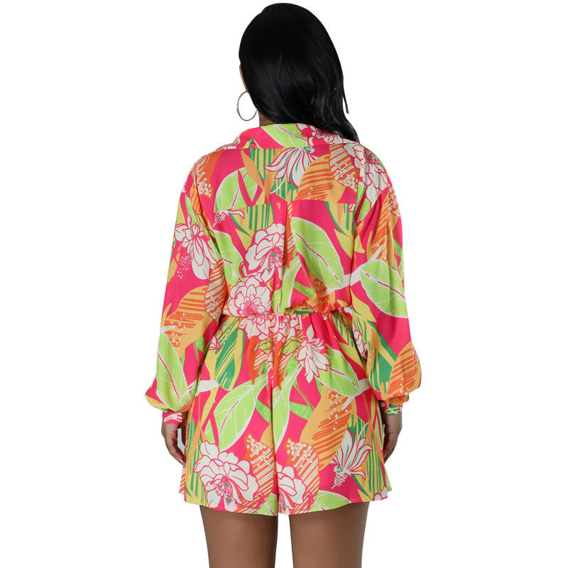 Women Spring Printed Shirt and Shorts Casual Two-piece Set 4