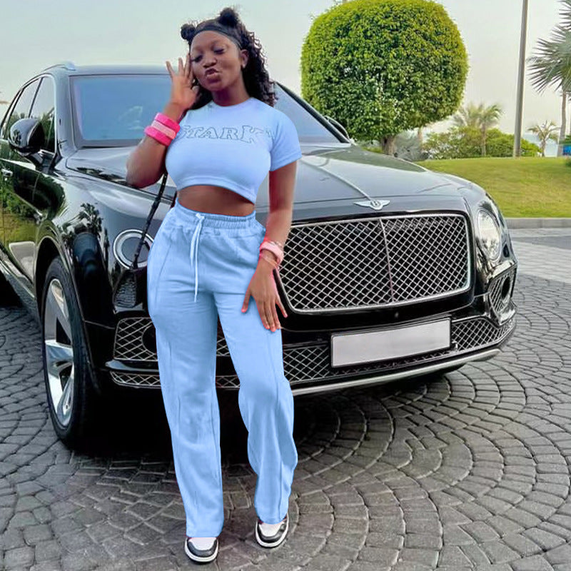 Fashionable Sports Two-Piece Pants Set Women's Sports Casual Letter Print T-Shirt Tops Trousers Fashion Suit 6