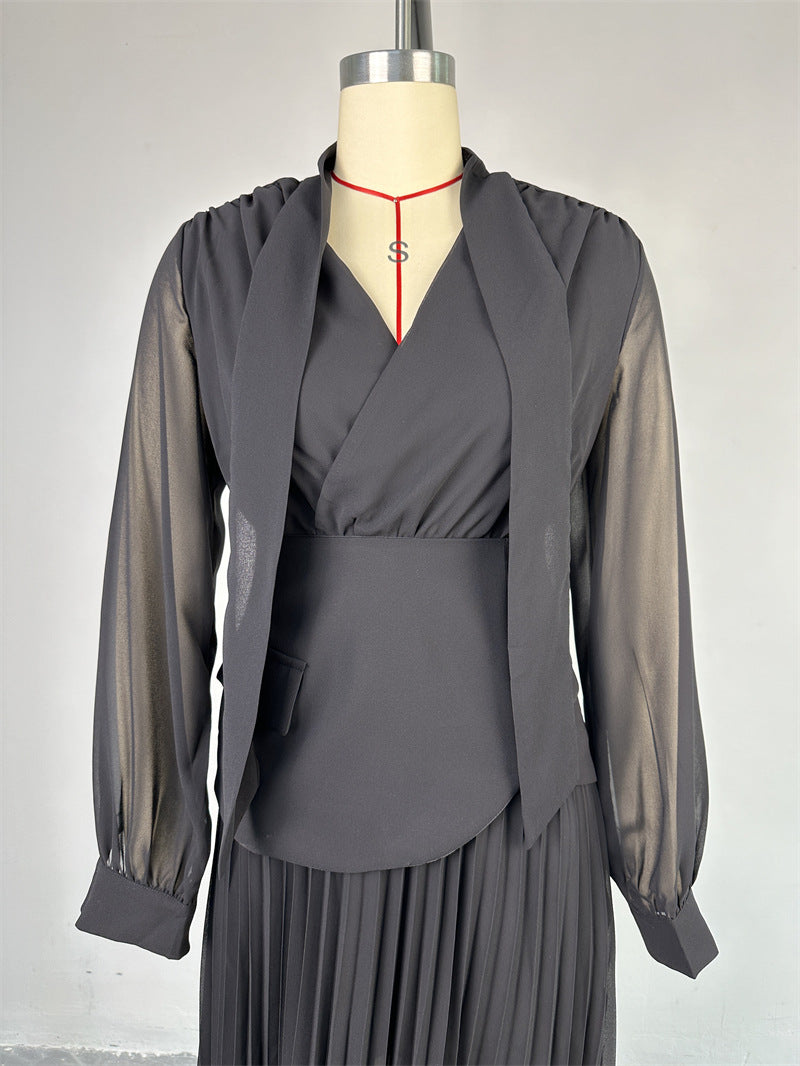 Women lace-up irregular pleated dress girdle two-piece set 16