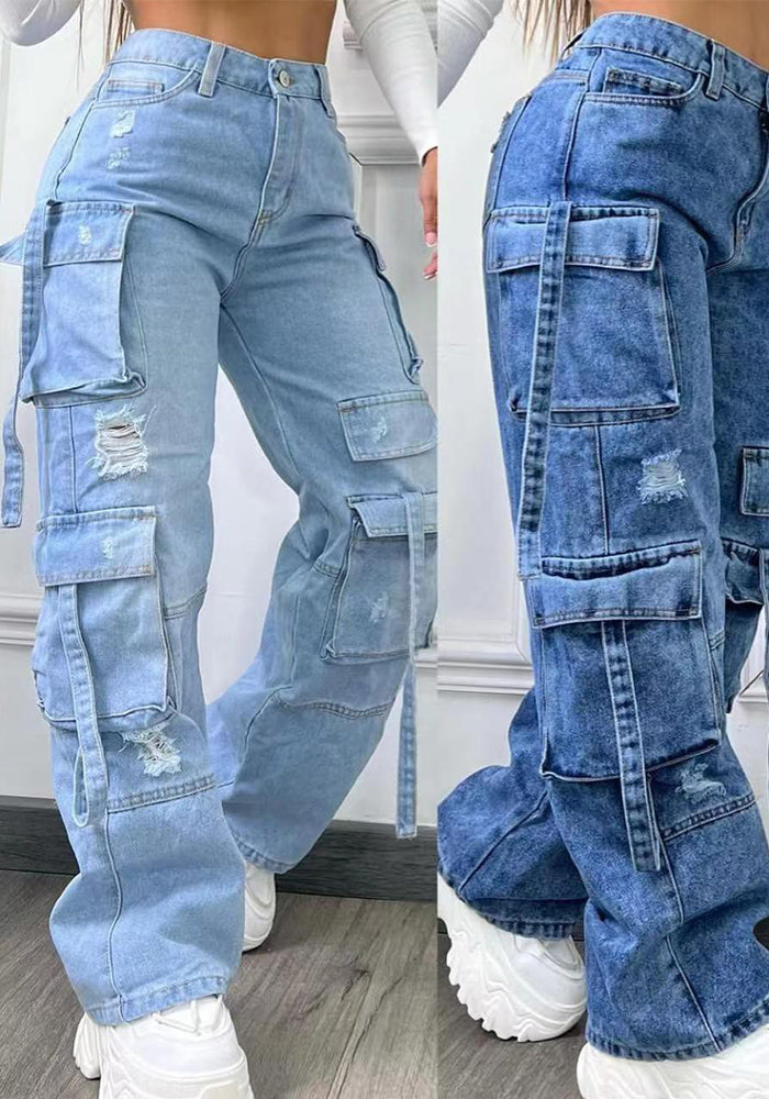 Fashion Solid Color Plus Size High Waist Multi-Pocket Casual Cargo Denim Pants