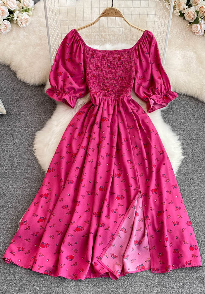 Women summer French square neck puff short sleeve slit dress