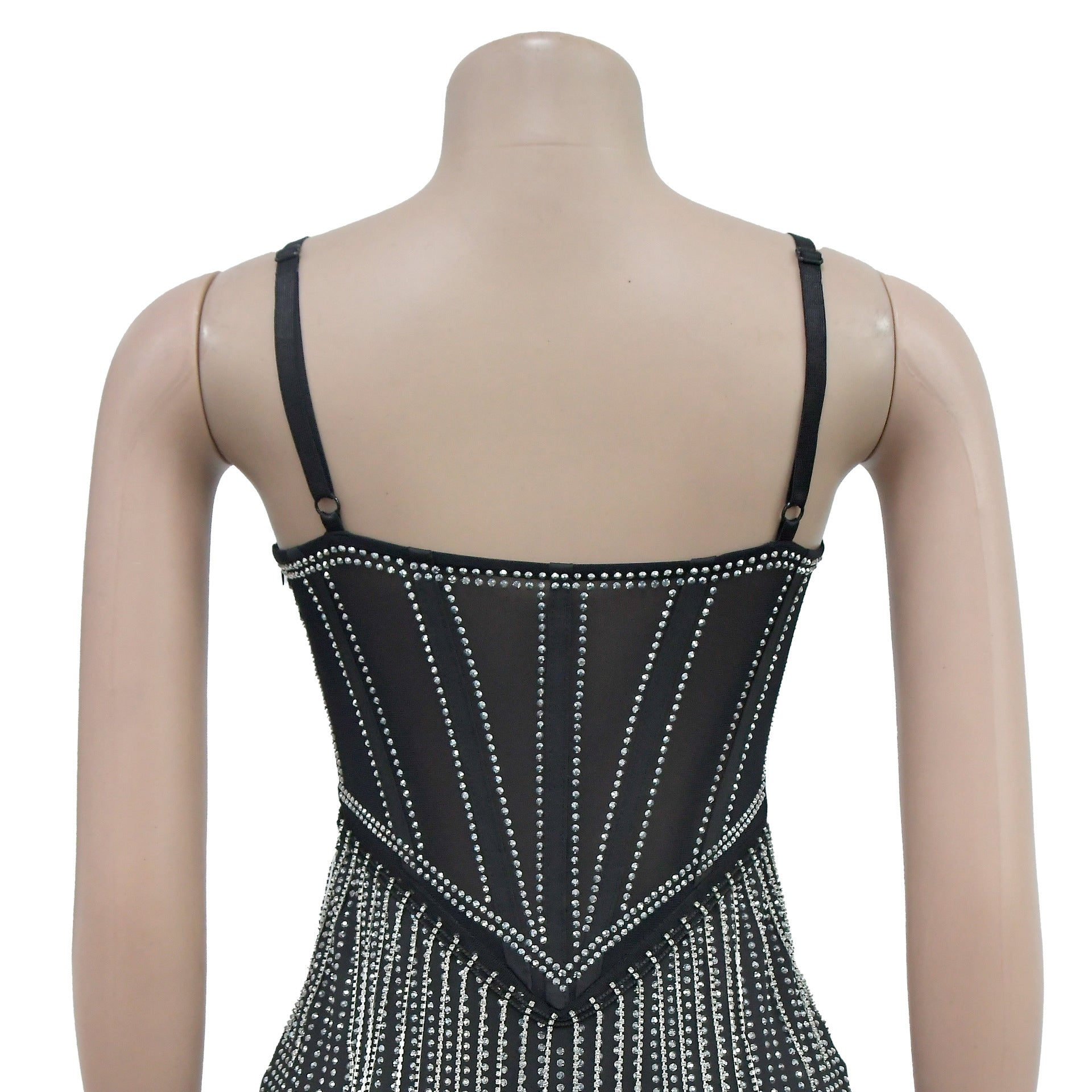 Fashionable Women's Solid Color Mesh Beaded Suspender Skirt Dress 22