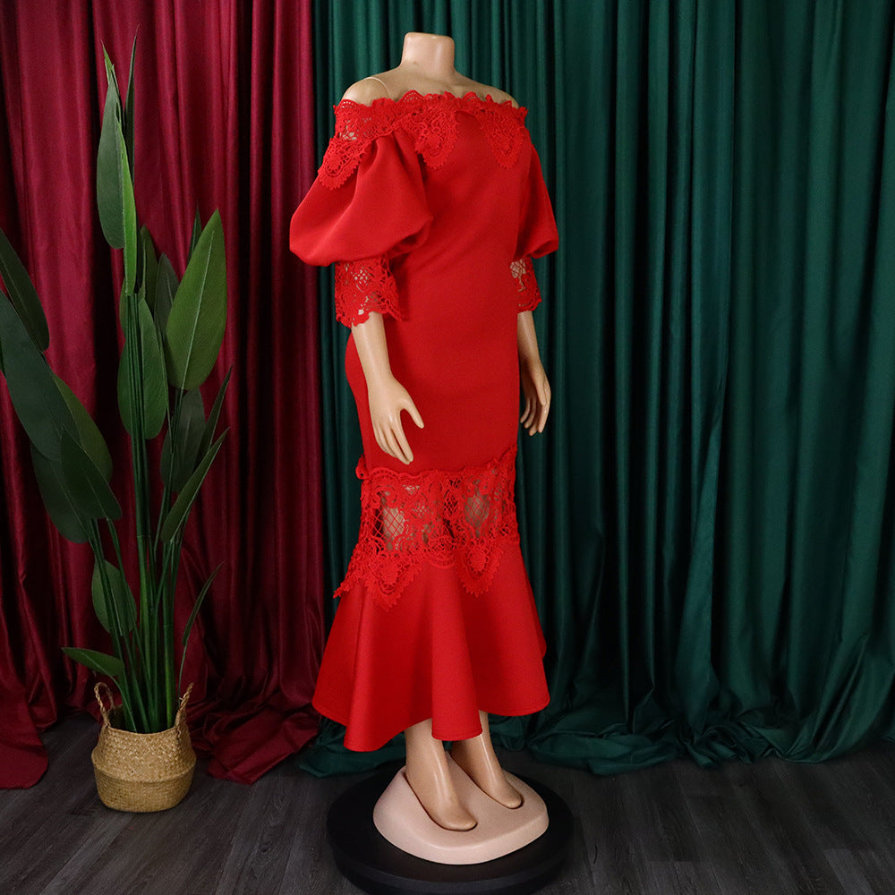 Women Off Shoulder Puff Sleeve Lace Patchwork Formal Party Mermaid Dress 37