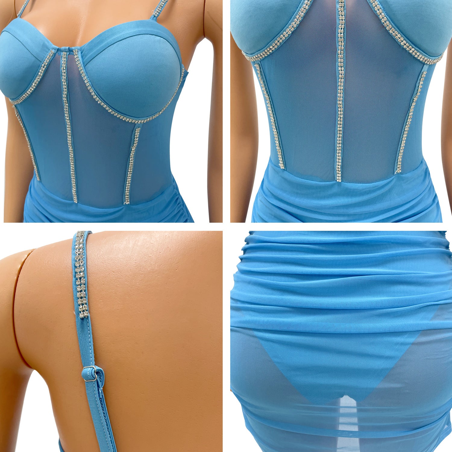 Summer Women's Sexy Tight Fitting Mesh See-Through Diamond Strap Dress 13