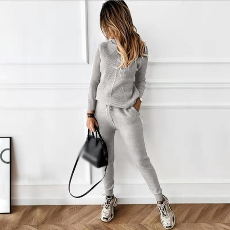 Women turtleneck Solid Casual sweater + trousers two-piece set 10