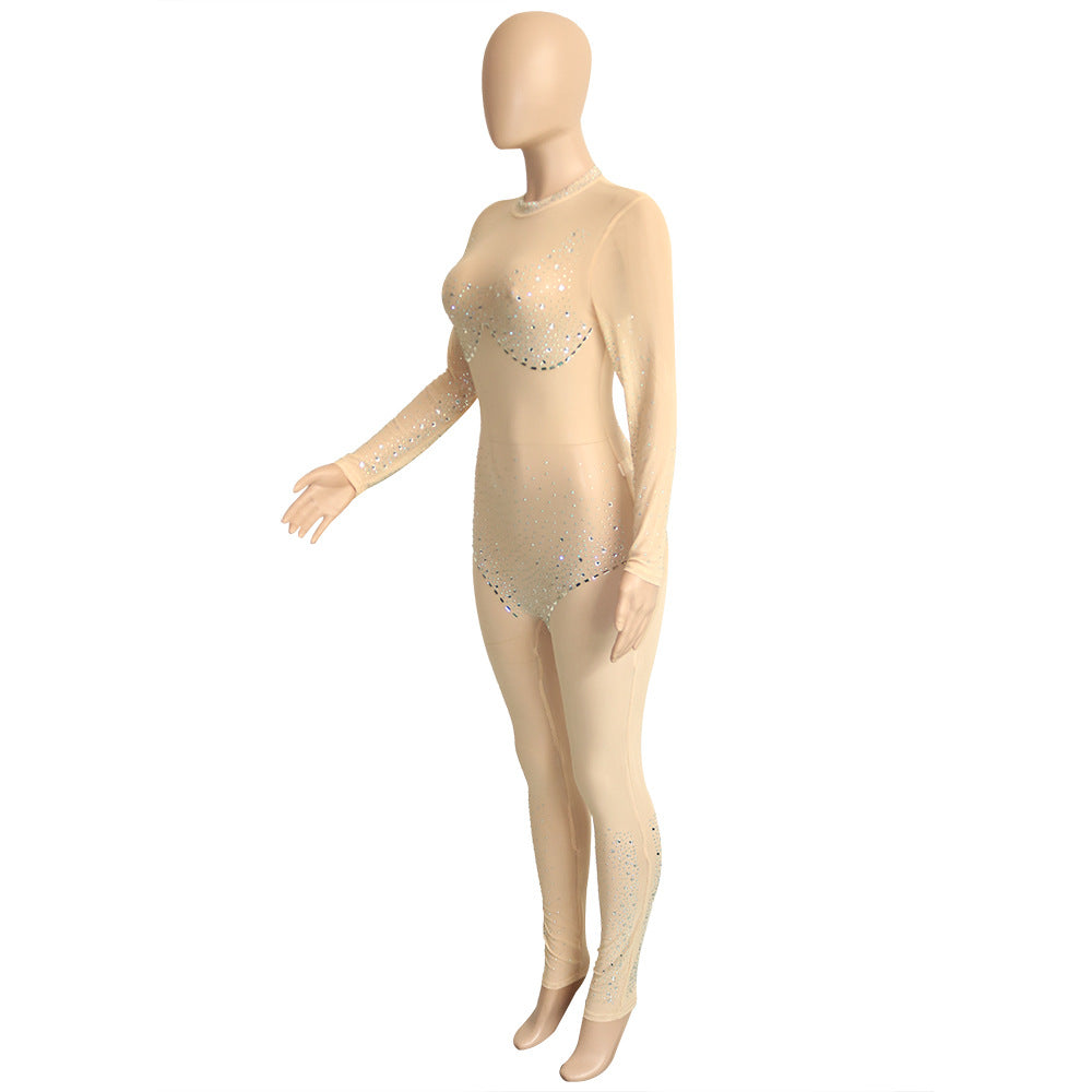 Autumn Black Beading Sexy Mesh Long Sleeve Party Jumpsuit 15