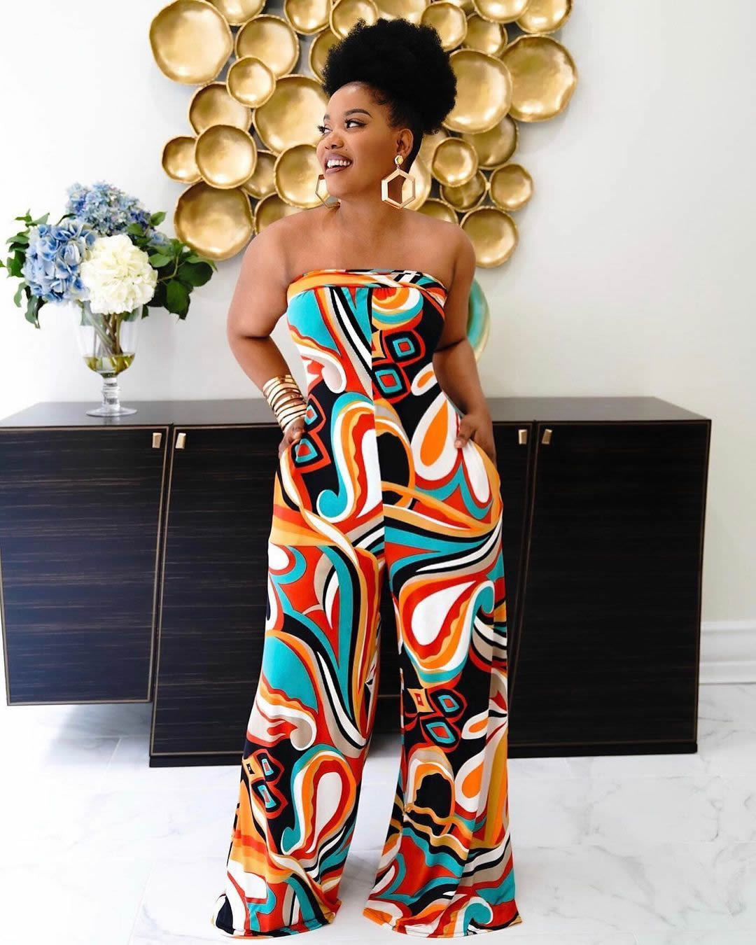 Women Summer Print Loose Pocket Off Shoulder Jumpsuit 5