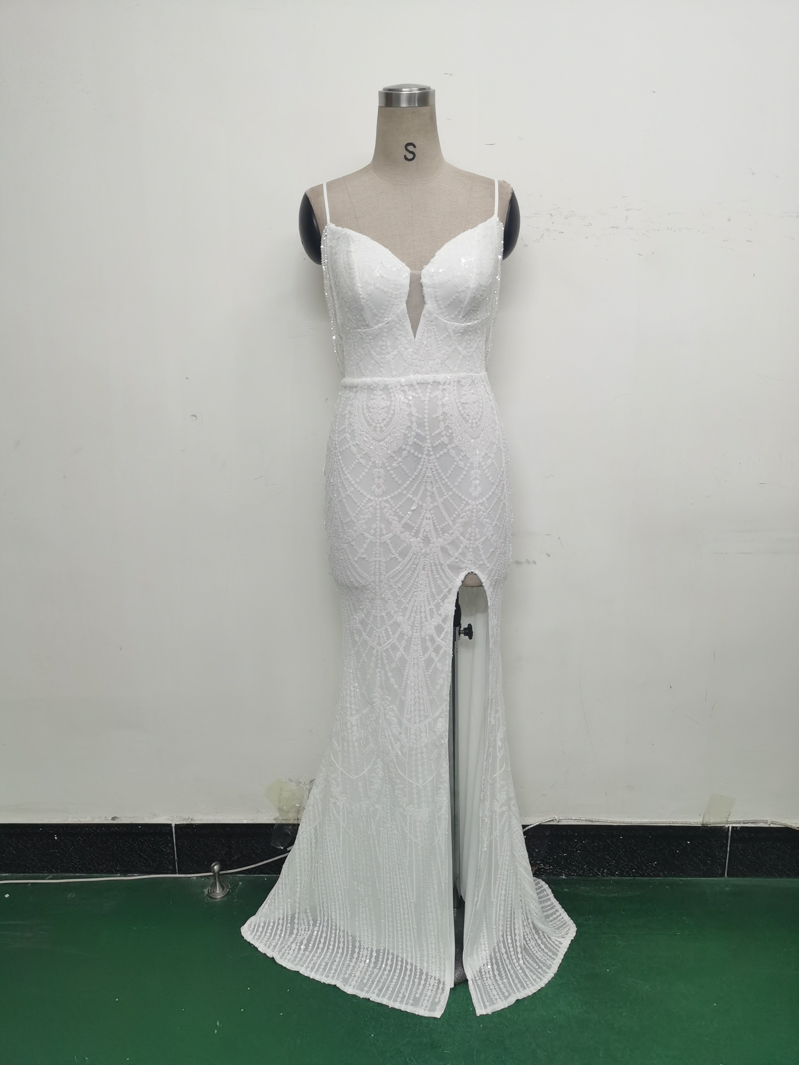 Women beaded sequin fishbone Lace-Up See-Through evening dress 46