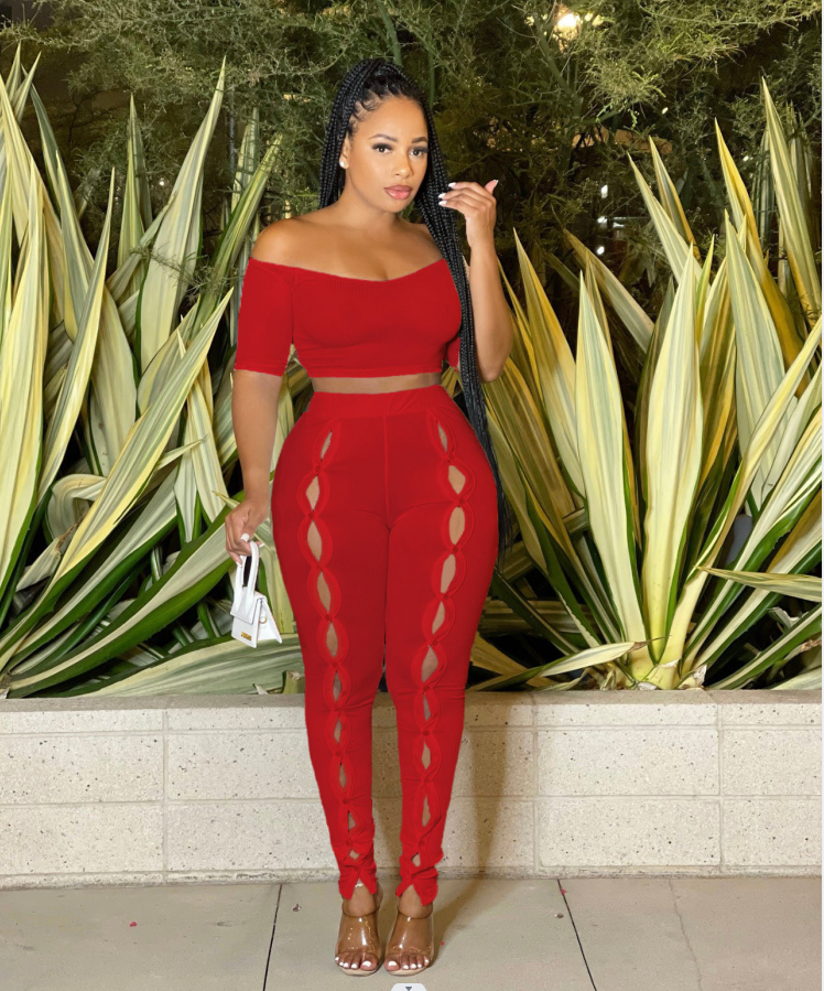 Women Summer Sexy Off Shoulder Short Sleeve Top and Button Pants Two-Piece Set 5