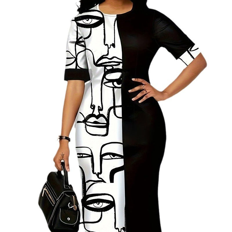 Plus Size Spring Summer Short Sleeve Contrast Print Patchwork Dress 4