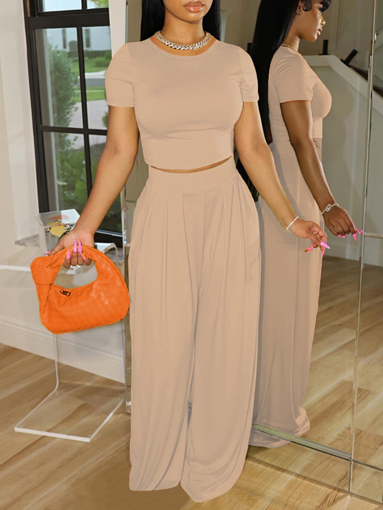 Casual Fashion Short-Sleeved T-Shirt Pocket Loose Wide-Leg Pants Two-Piece Set 5